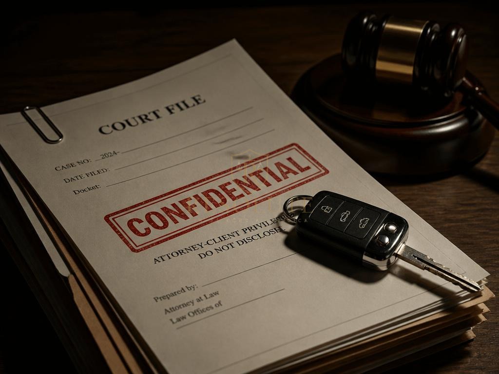 Processo judicial confidencial ao lado de chave de carro e martelo
